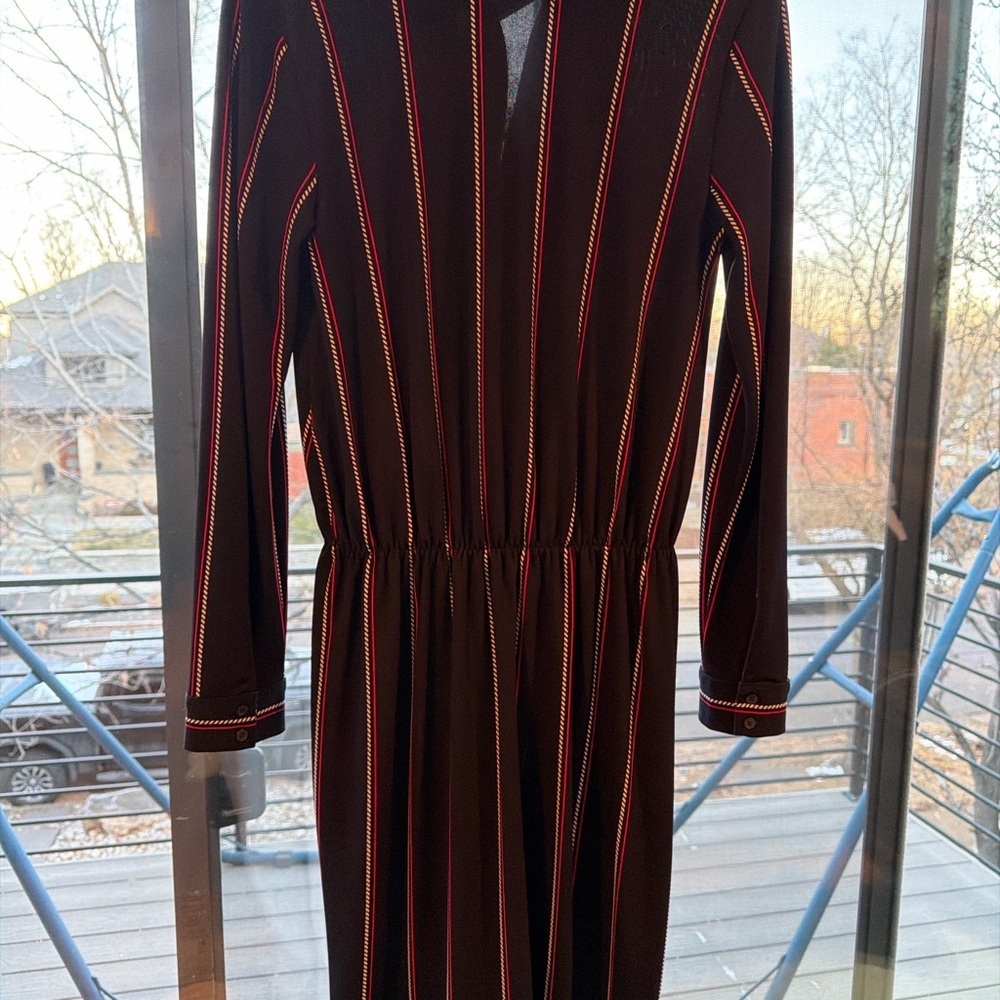 Ann Taylor Black Stripe Midi Shirt Dress Long Sleeve Button Front Tie Neck - S - Picture 6 of 6